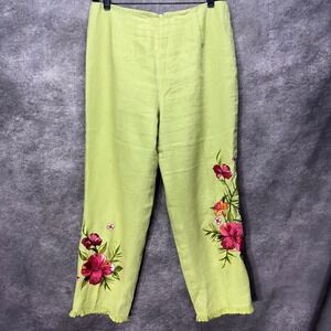 Kelly and Diane Linen Floral Embroidered Cropped Pants Size‎ 10 Green Frayed Hem